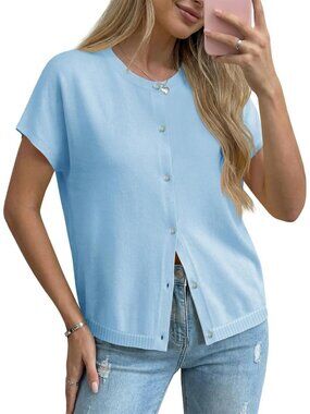 Women's Light Blue Short Sleeve Button Down Crew Neck Imported Cardigans Sweater